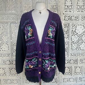Vtg Janzten Classics Purple & Black Floral Fruit Chunky Granny Cardigan Sz XL